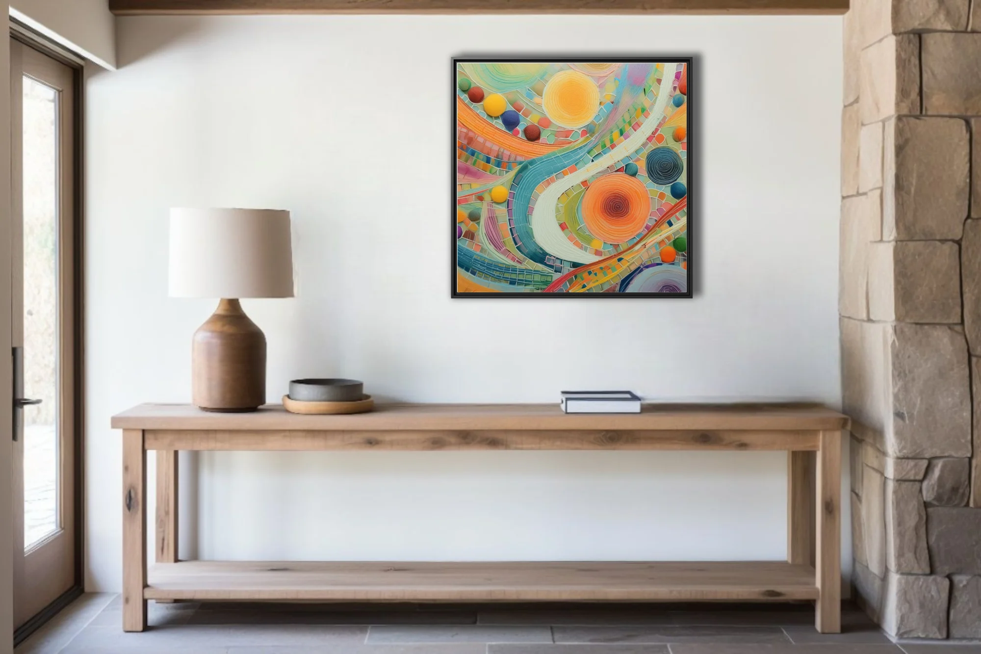 Colorful abstract mosaic swirls with luminous orbs in bold candy-bright palette