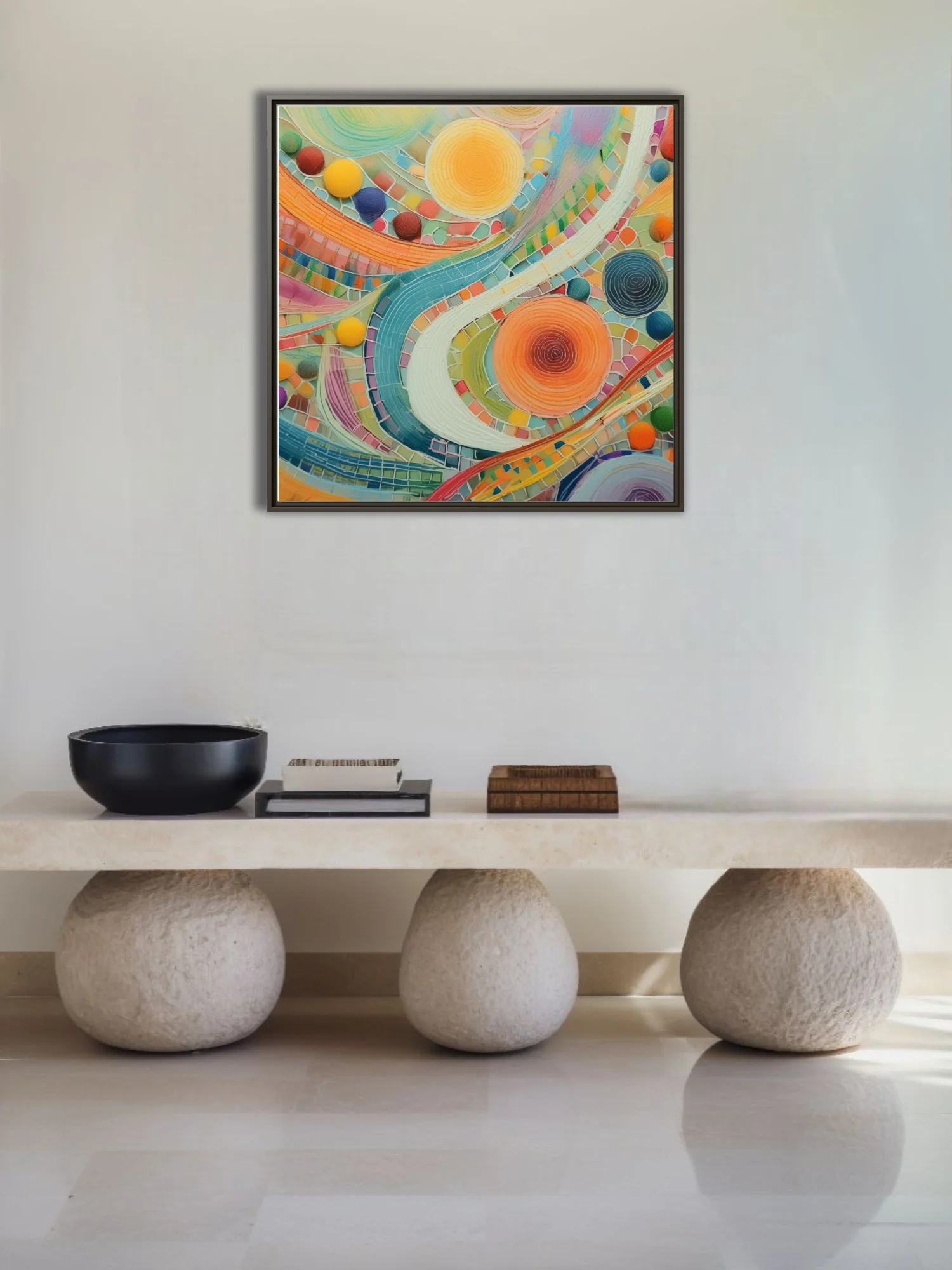 Colorful abstract mosaic swirls with luminous orbs in bold candy-bright palette