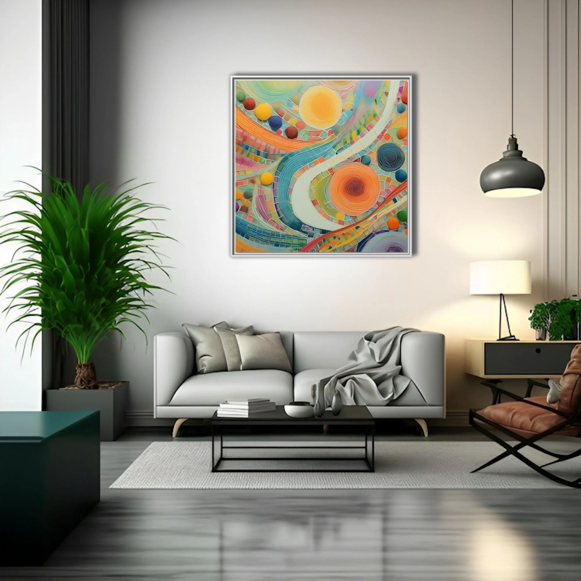Colorful abstract mosaic swirls with luminous orbs in bold candy-bright palette
