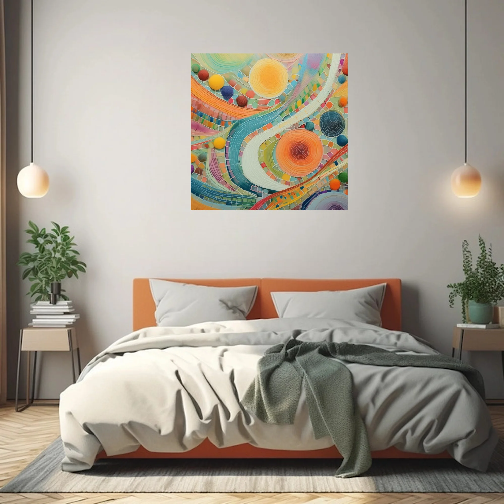 Colorful abstract mosaic swirls with luminous orbs in bold candy-bright palette