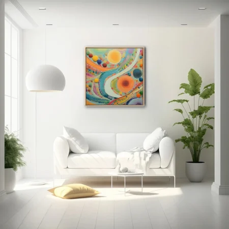 Colorful abstract mosaic swirls with luminous orbs in bold candy-bright palette