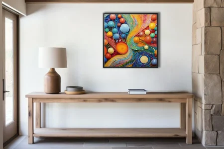 Vivid abstract mosaic with luminous spheres and swirling colorful waves