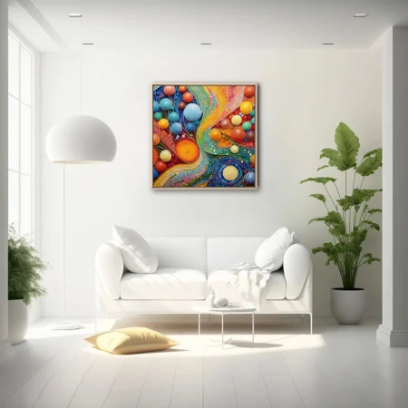Vivid abstract mosaic with luminous spheres and swirling colorful waves