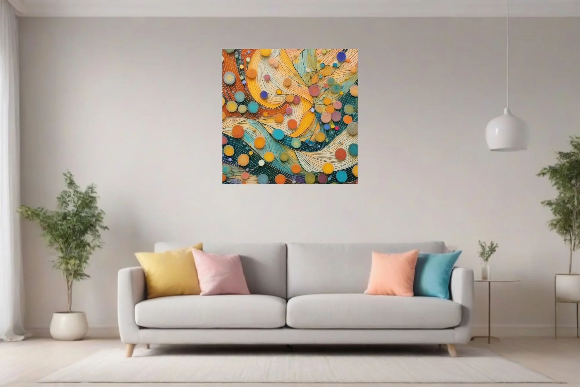 Abstract quilling-style art with orange, teal, and yellow swirling forms