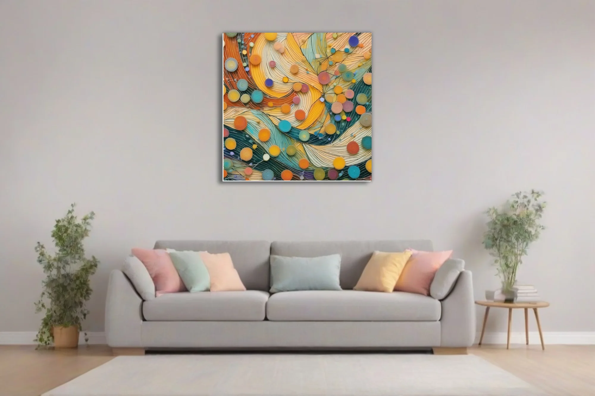 Abstract quilling-style art with orange, teal, and yellow swirling forms