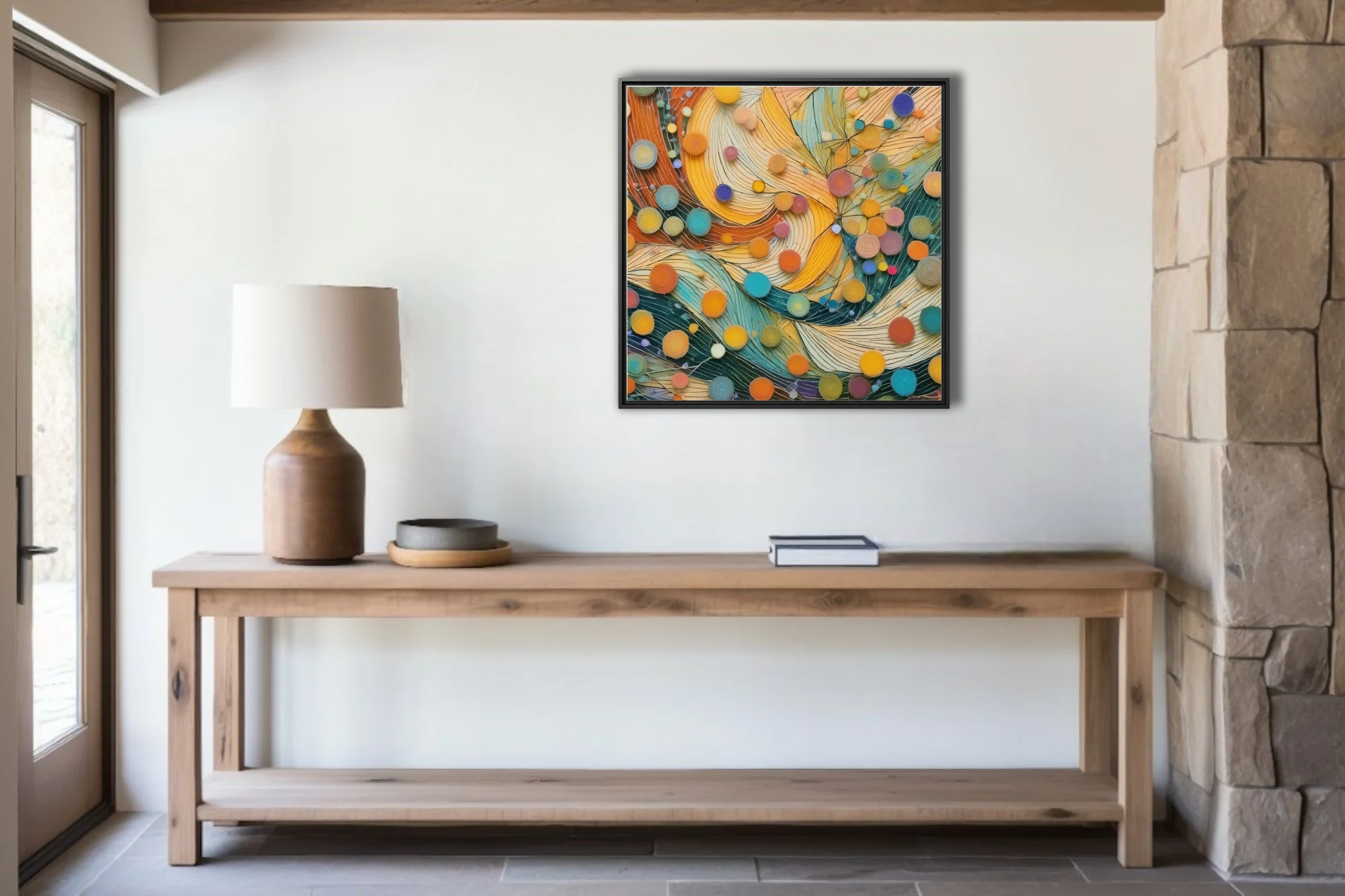 Abstract quilling-style art with orange, teal, and yellow swirling forms