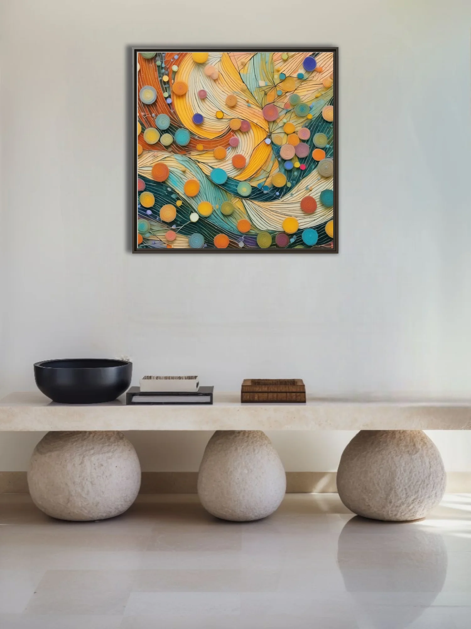 Abstract quilling-style art with orange, teal, and yellow swirling forms