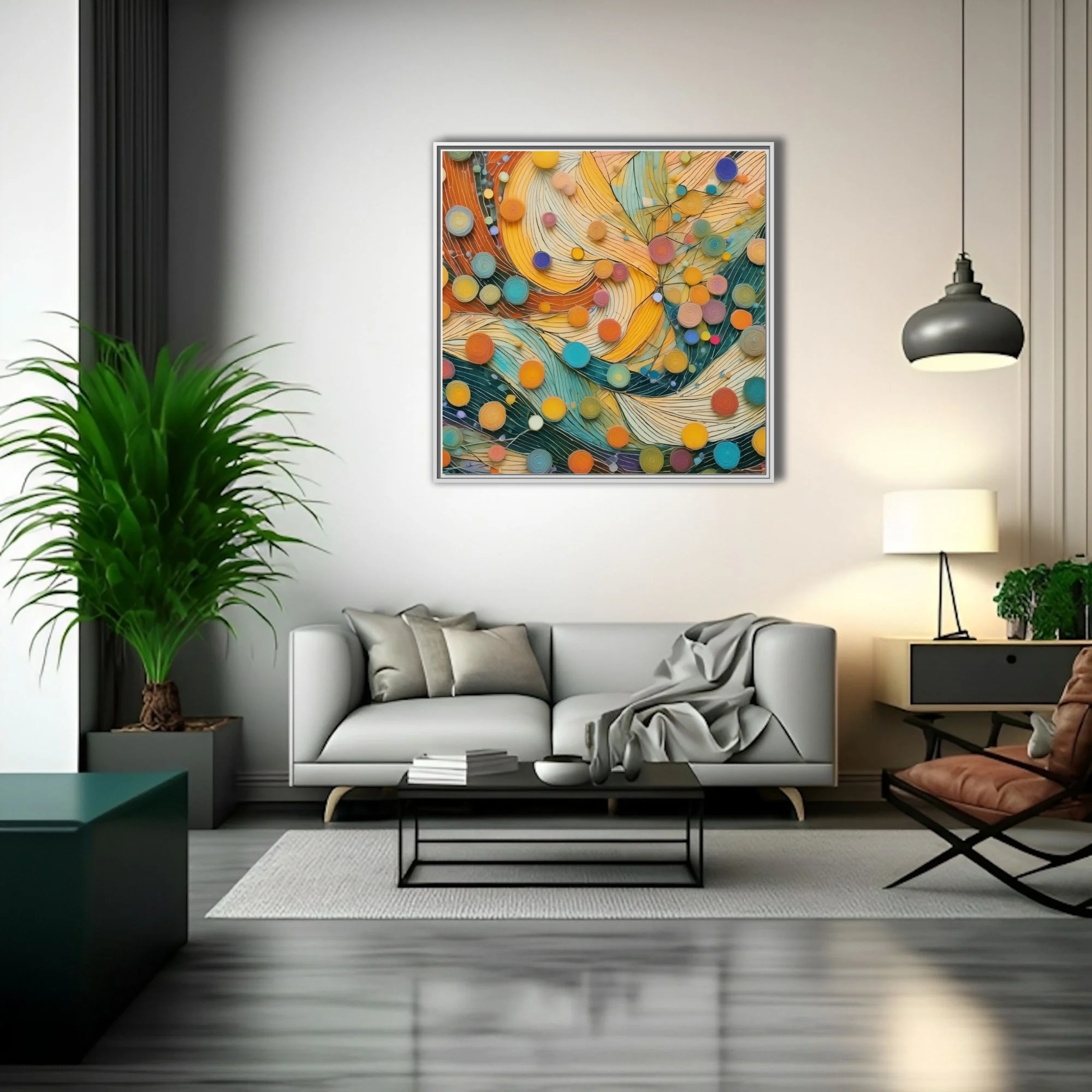 Abstract quilling-style art with orange, teal, and yellow swirling forms