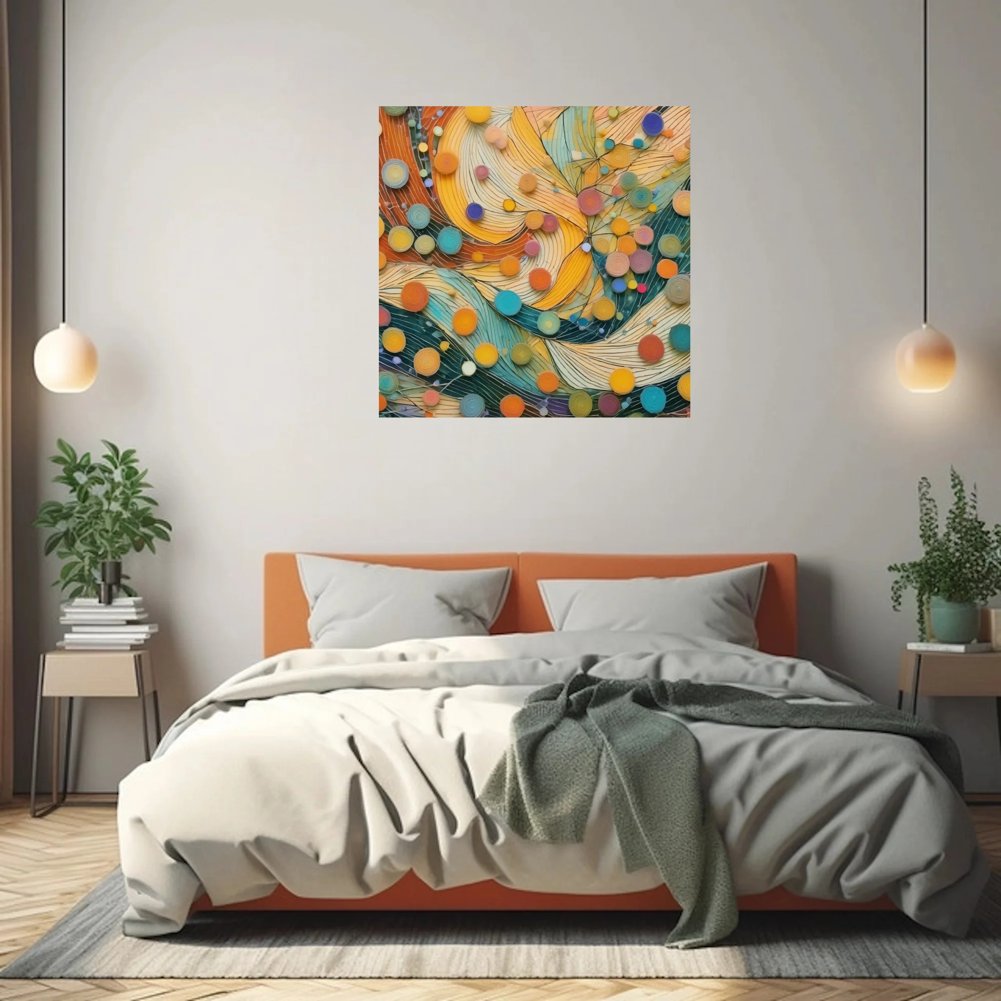 Abstract quilling-style art with orange, teal, and yellow swirling forms