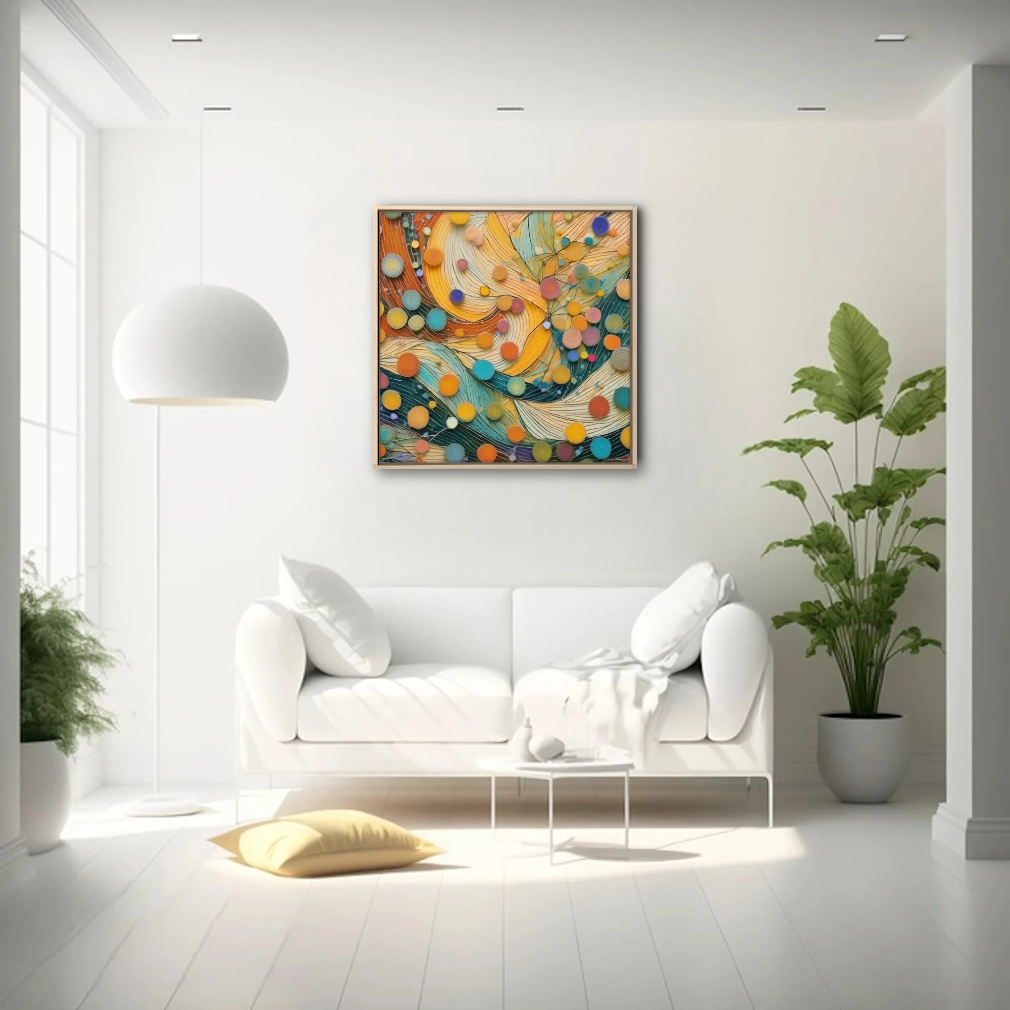 Abstract quilling-style art with orange, teal, and yellow swirling forms