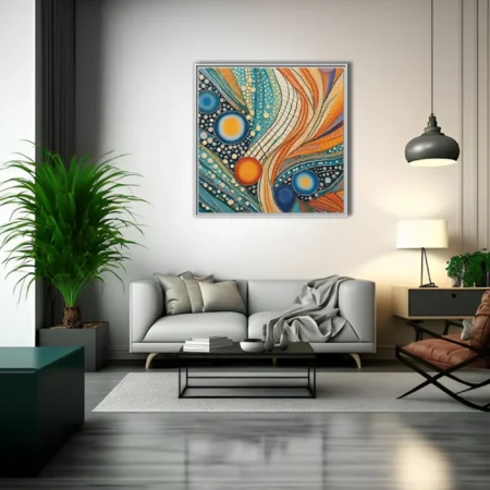 Bold abstract dot-art composition with teal, orange, and gold flowing patterns