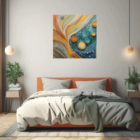 Mosaic abstract art with teal swirls, amber wave forms and luminous circular elements
