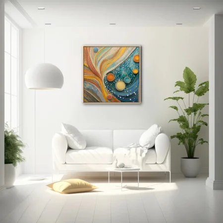 Mosaic abstract art with teal swirls, amber wave forms and luminous circular elements