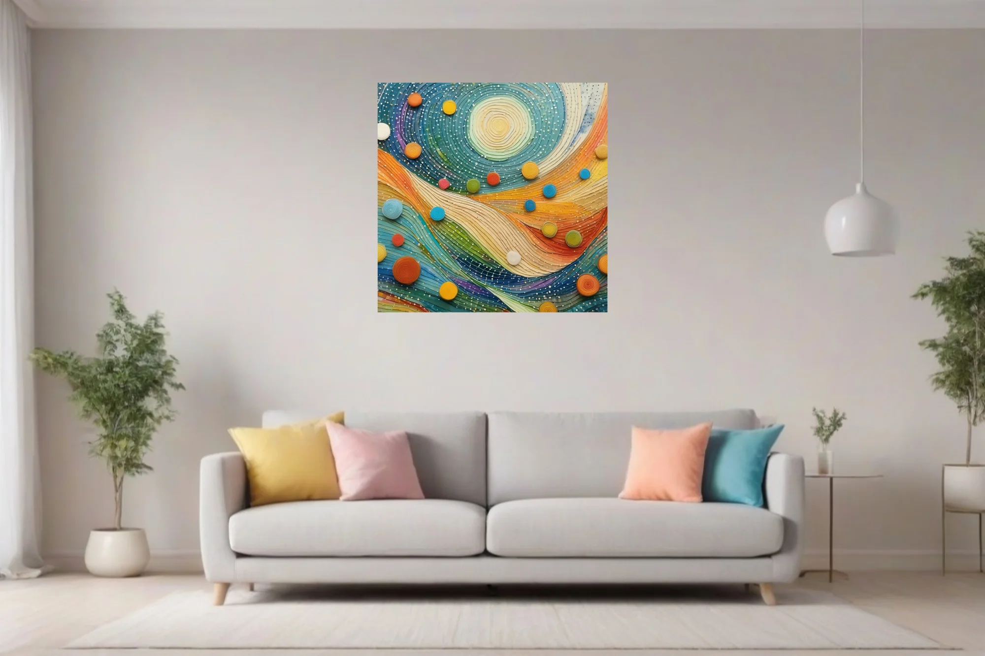 Quilling-style abstract swirl art with colorful circular motifs and wave patterns