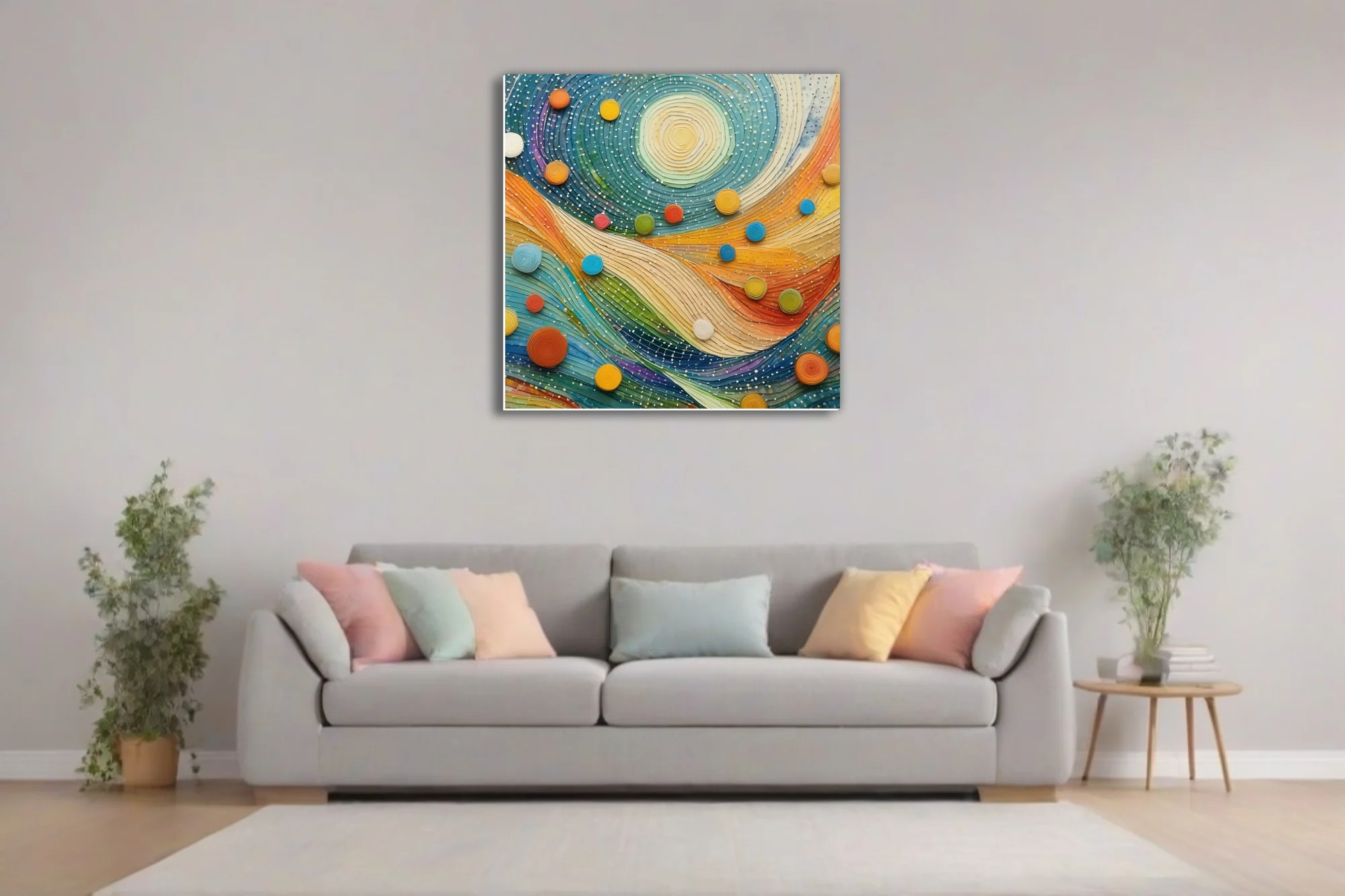 Quilling-style abstract swirl art with colorful circular motifs and wave patterns