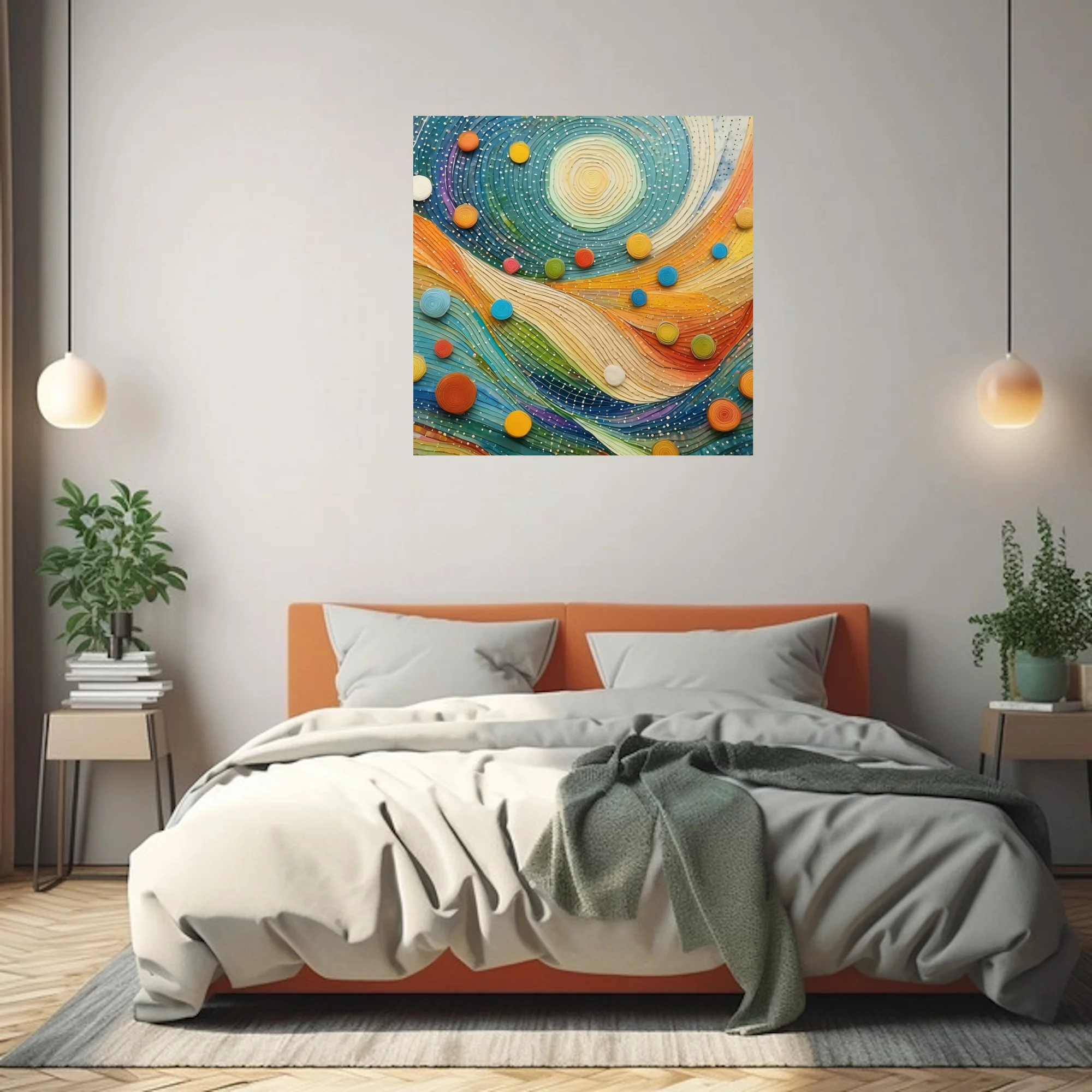 Quilling-style abstract swirl art with colorful circular motifs and wave patterns