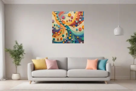 Vibrant abstract mosaic waves with colorful circular forms, rainbow palette