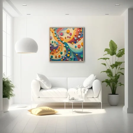 Vibrant abstract mosaic waves with colorful circular forms, rainbow palette