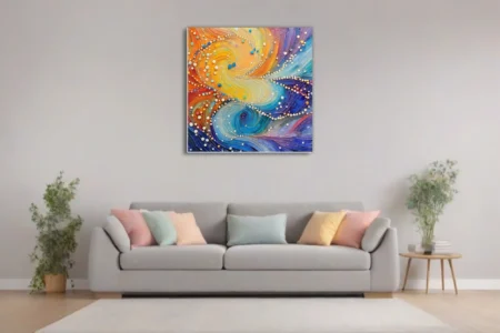 Mosaic-style abstract swirl art in warm orange, gold, teal and violet tones