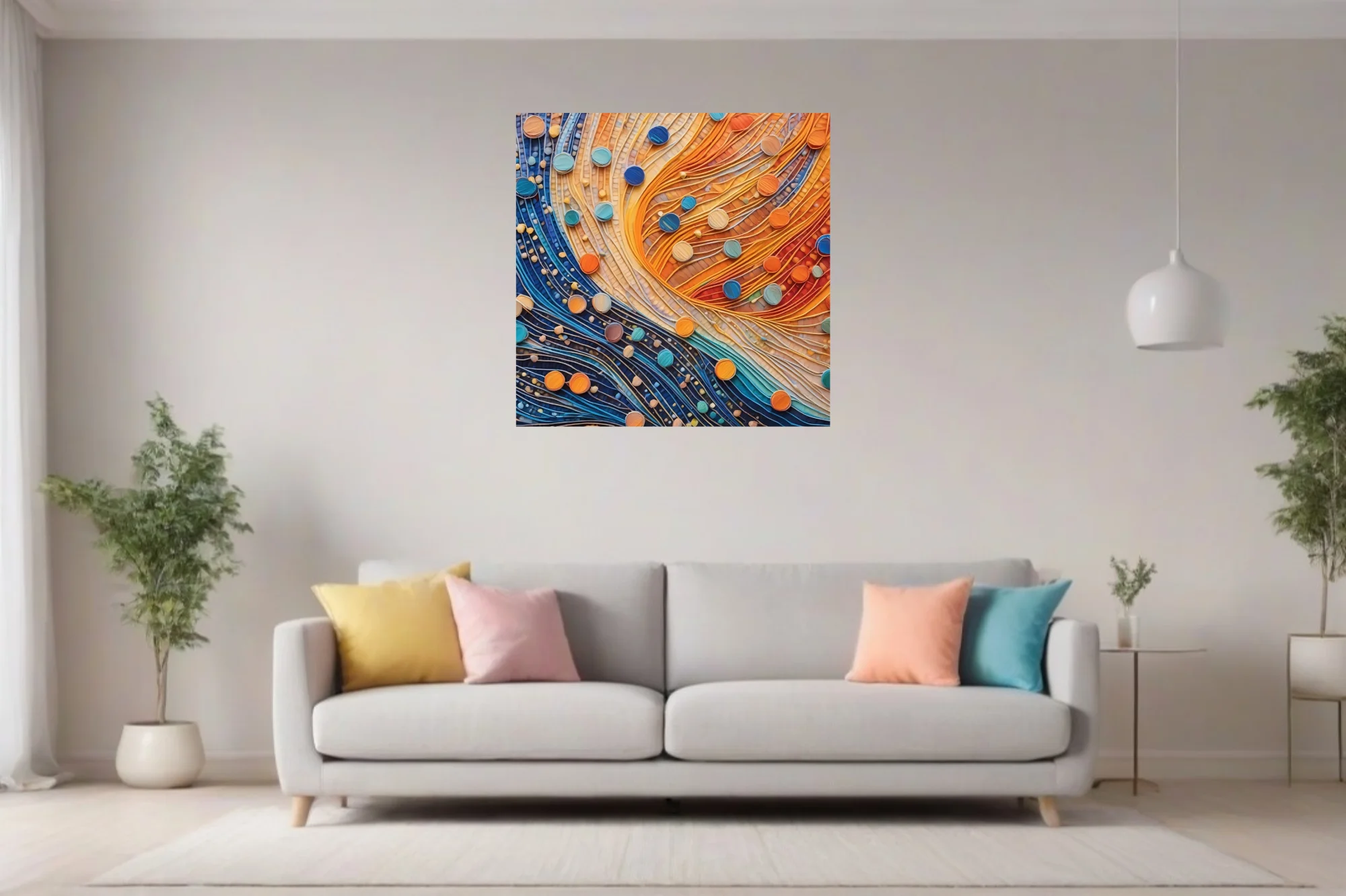 Abstract mosaic flow art, amber and cobalt waves with teal and orange circular accents