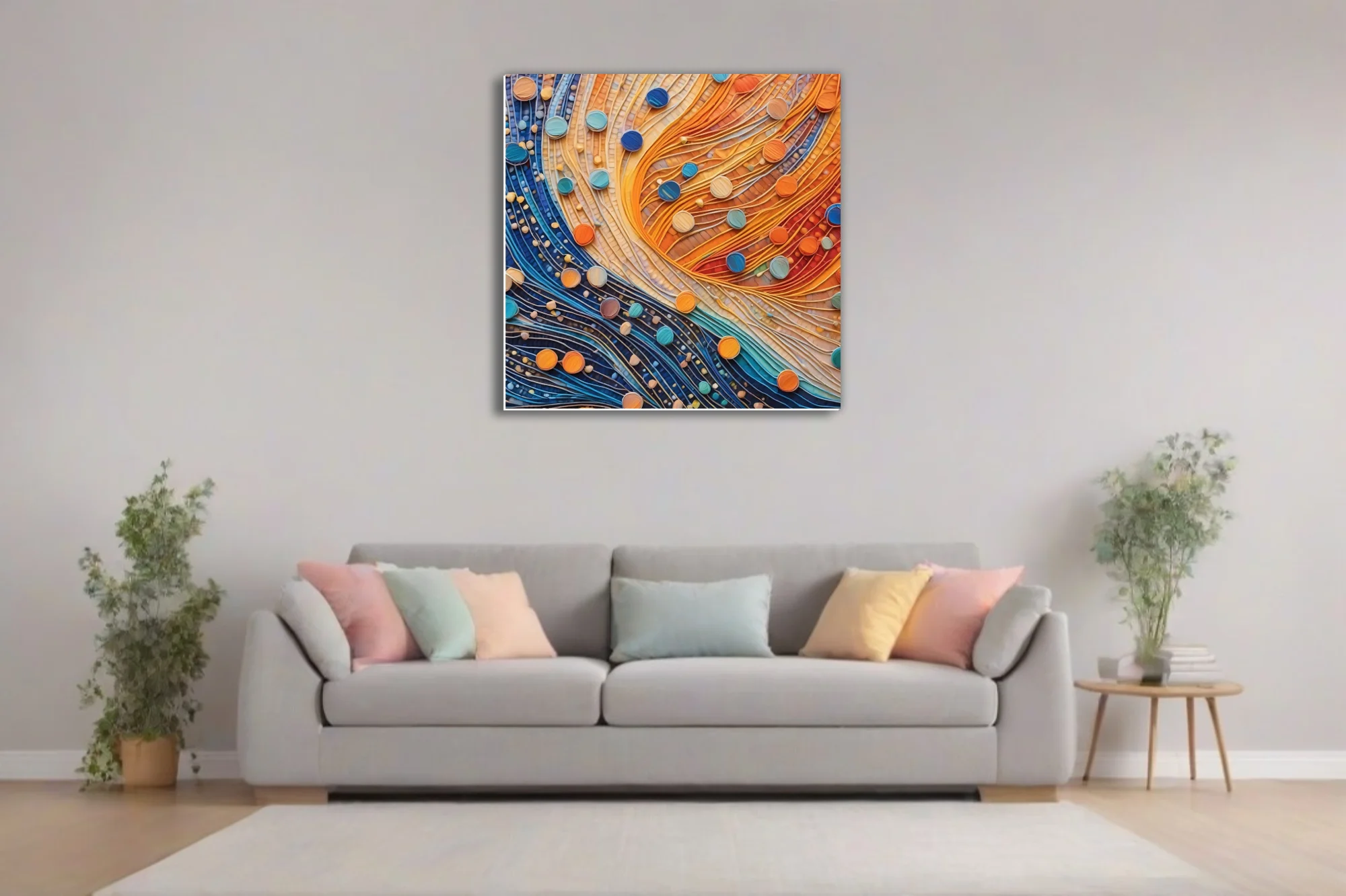 Abstract mosaic flow art, amber and cobalt waves with teal and orange circular accents
