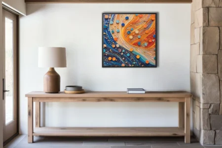 Abstract mosaic flow art, amber and cobalt waves with teal and orange circular accents