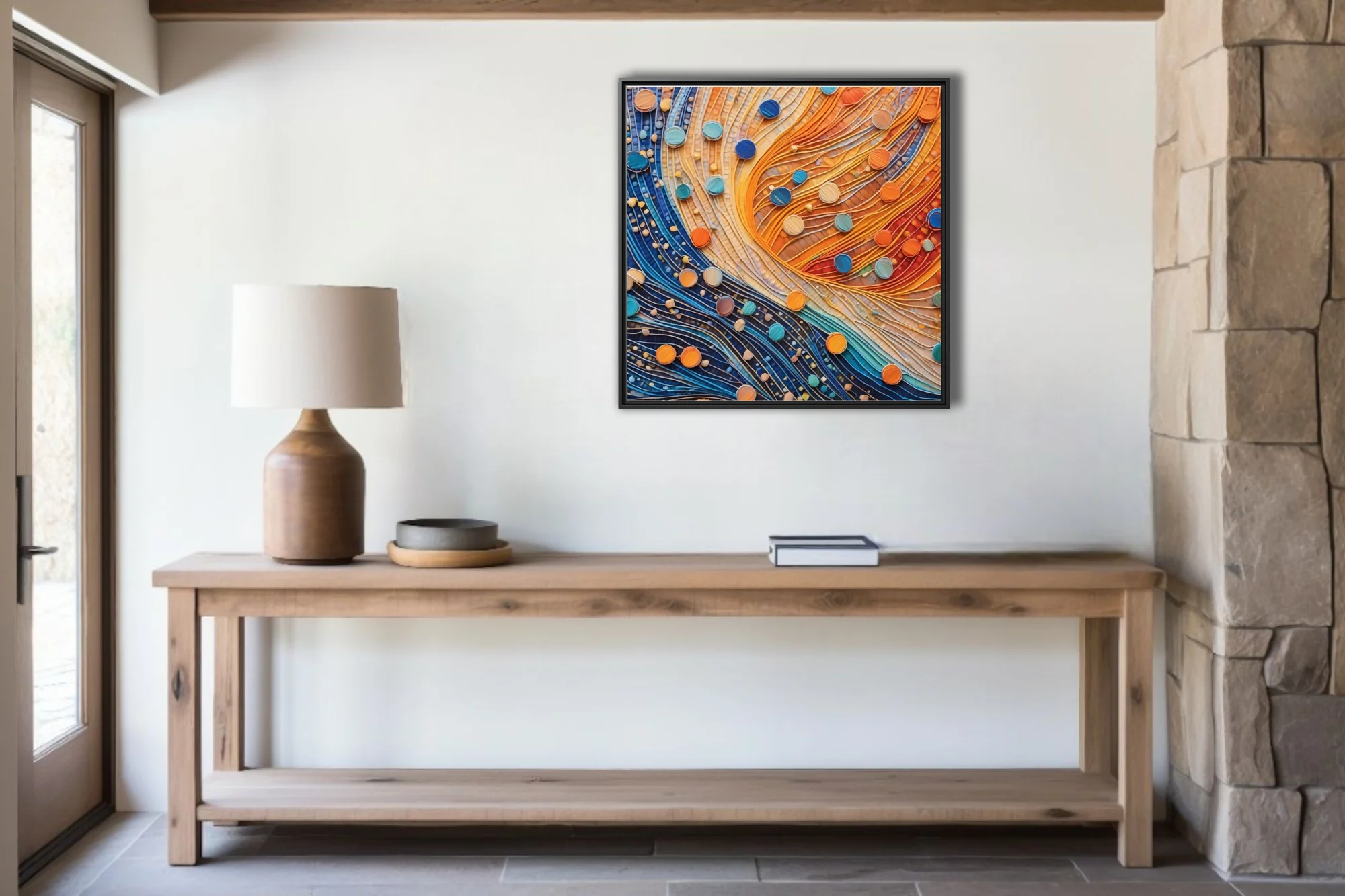 Abstract mosaic flow art, amber and cobalt waves with teal and orange circular accents