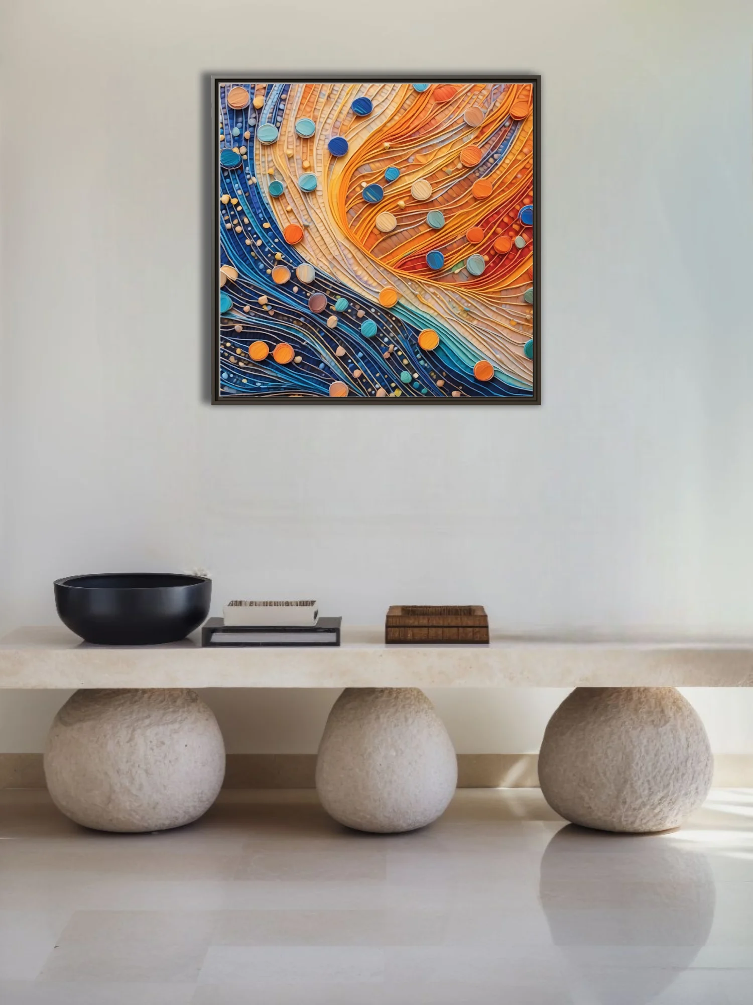 Abstract mosaic flow art, amber and cobalt waves with teal and orange circular accents