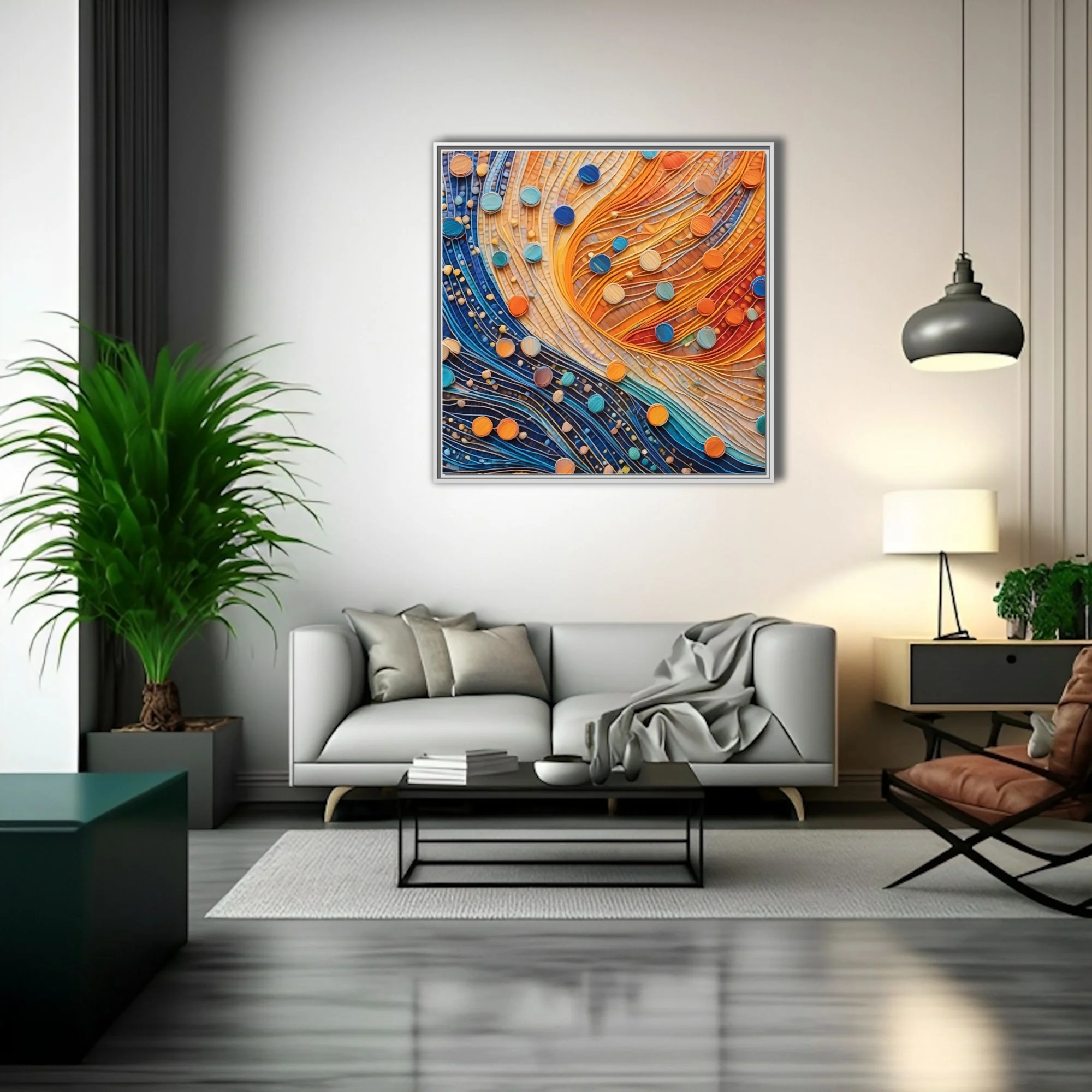 Abstract mosaic flow art, amber and cobalt waves with teal and orange circular accents