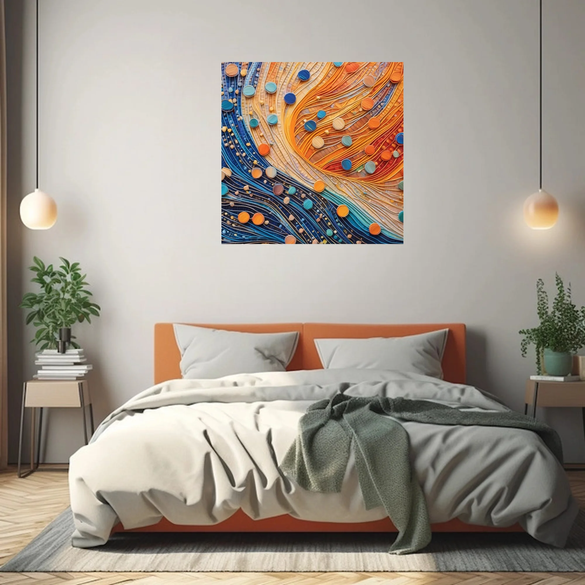 Abstract mosaic flow art, amber and cobalt waves with teal and orange circular accents