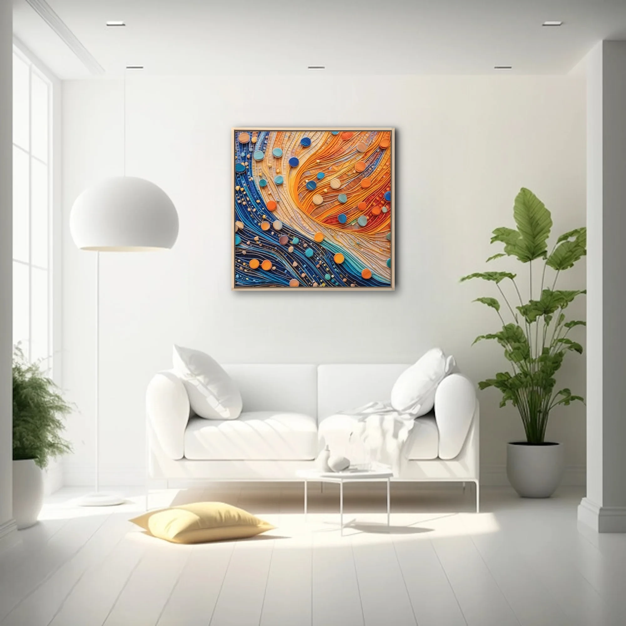 Abstract mosaic flow art, amber and cobalt waves with teal and orange circular accents