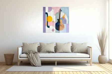 Abstract stringed instruments in pastel purple, pink, blue and gold tones