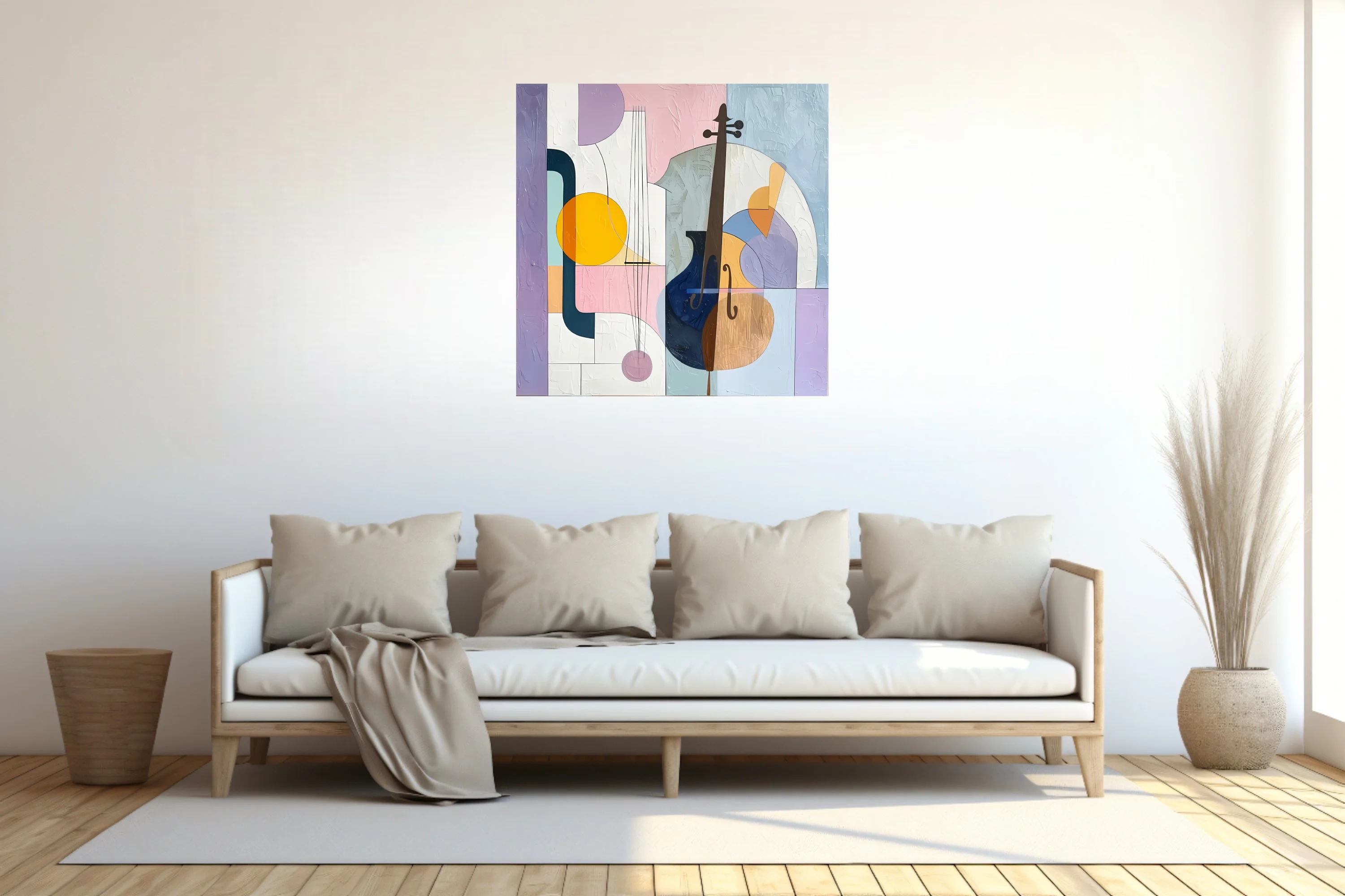 Abstract stringed instruments in pastel purple, pink, blue and gold tones