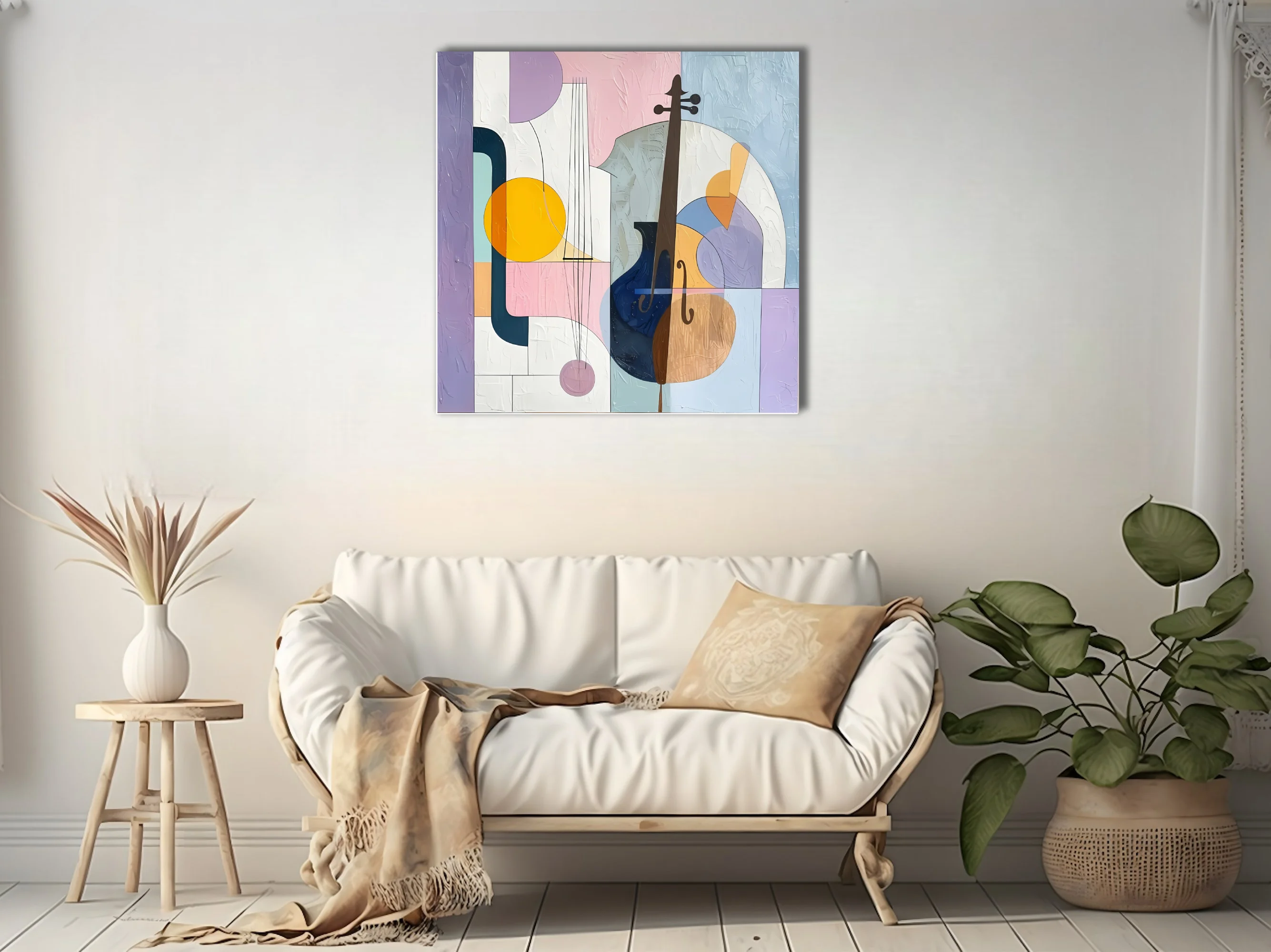 Abstract stringed instruments in pastel purple, pink, blue and gold tones