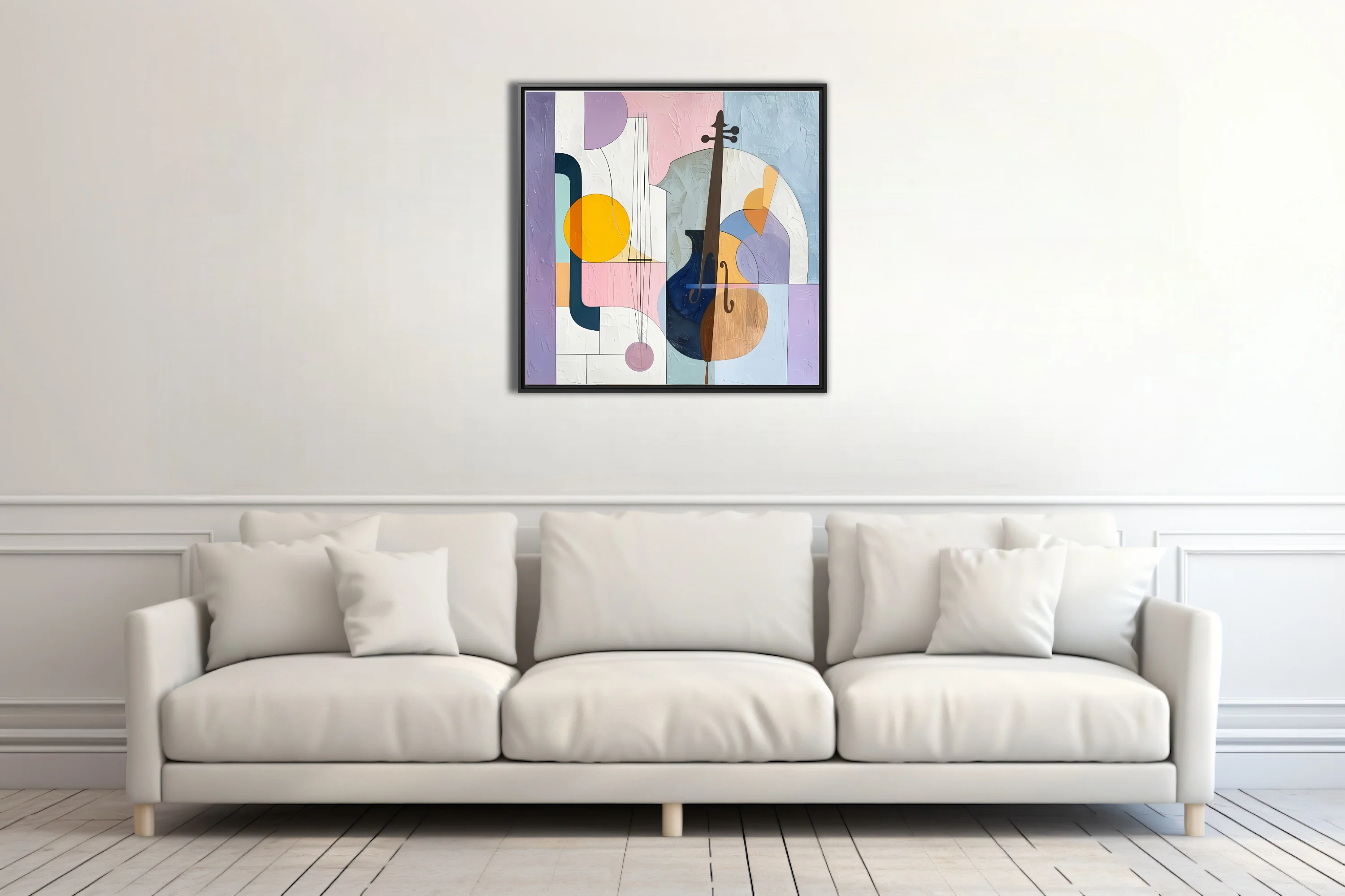 Abstract stringed instruments in pastel purple, pink, blue and gold tones
