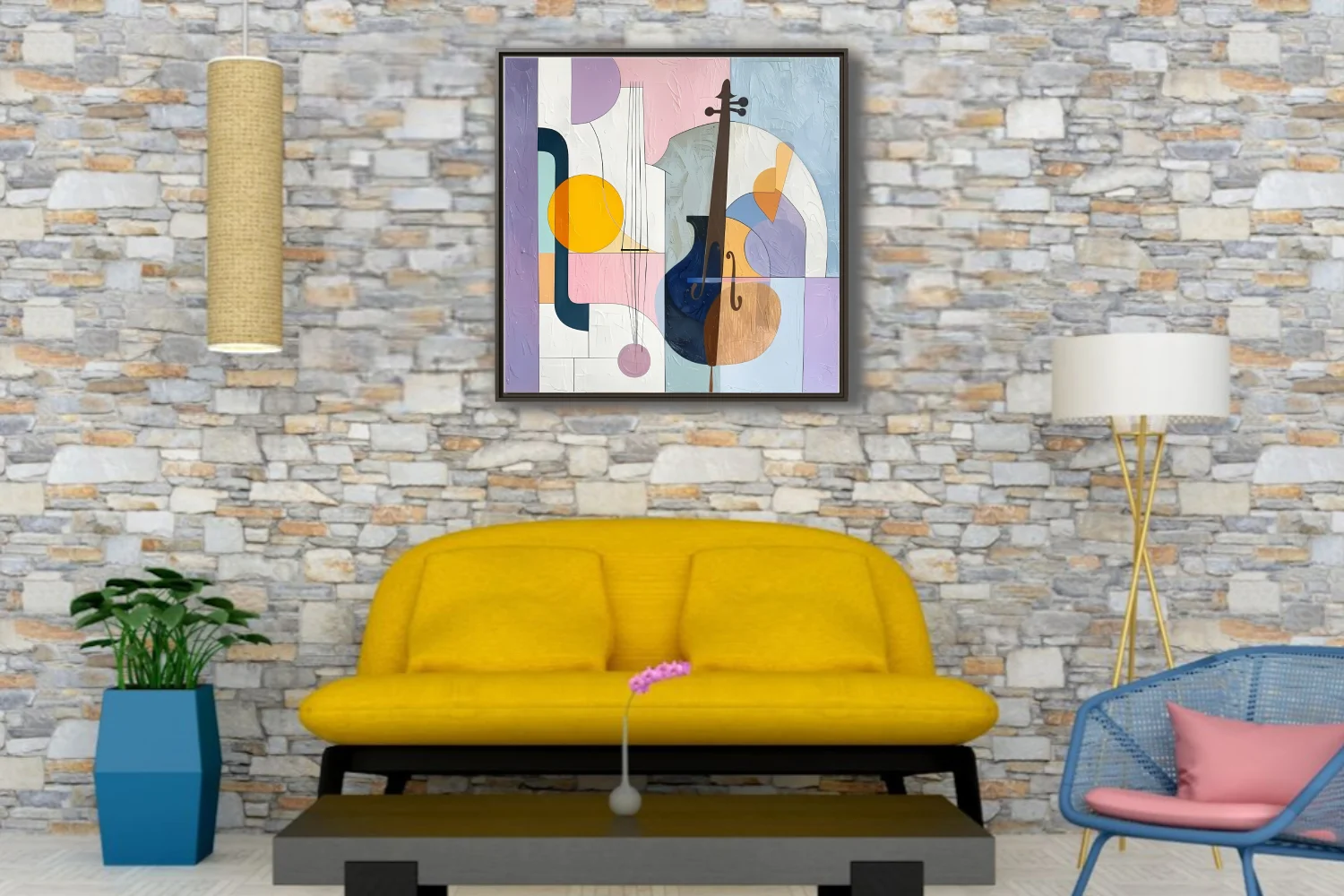 Abstract stringed instruments in pastel purple, pink, blue and gold tones