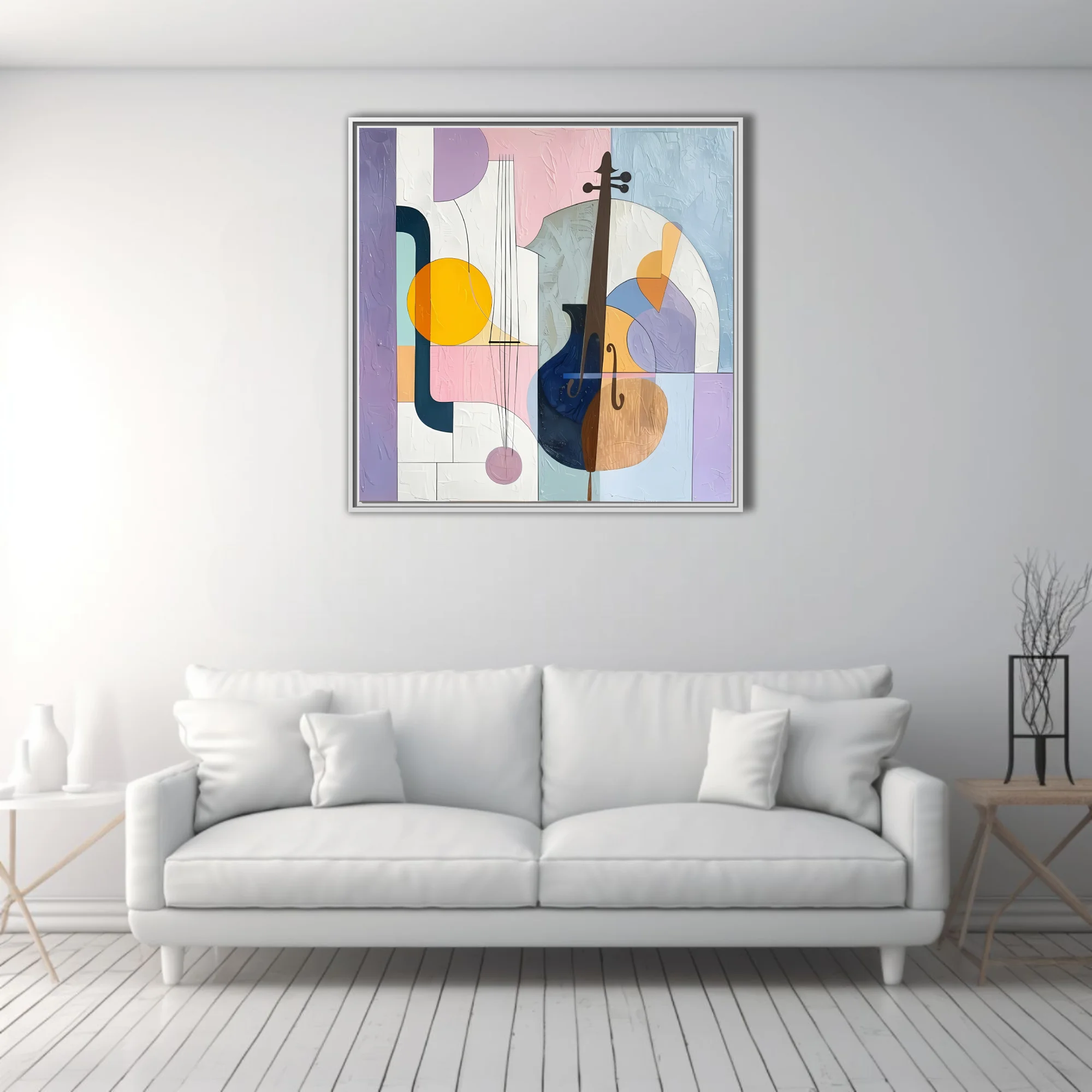 Abstract stringed instruments in pastel purple, pink, blue and gold tones