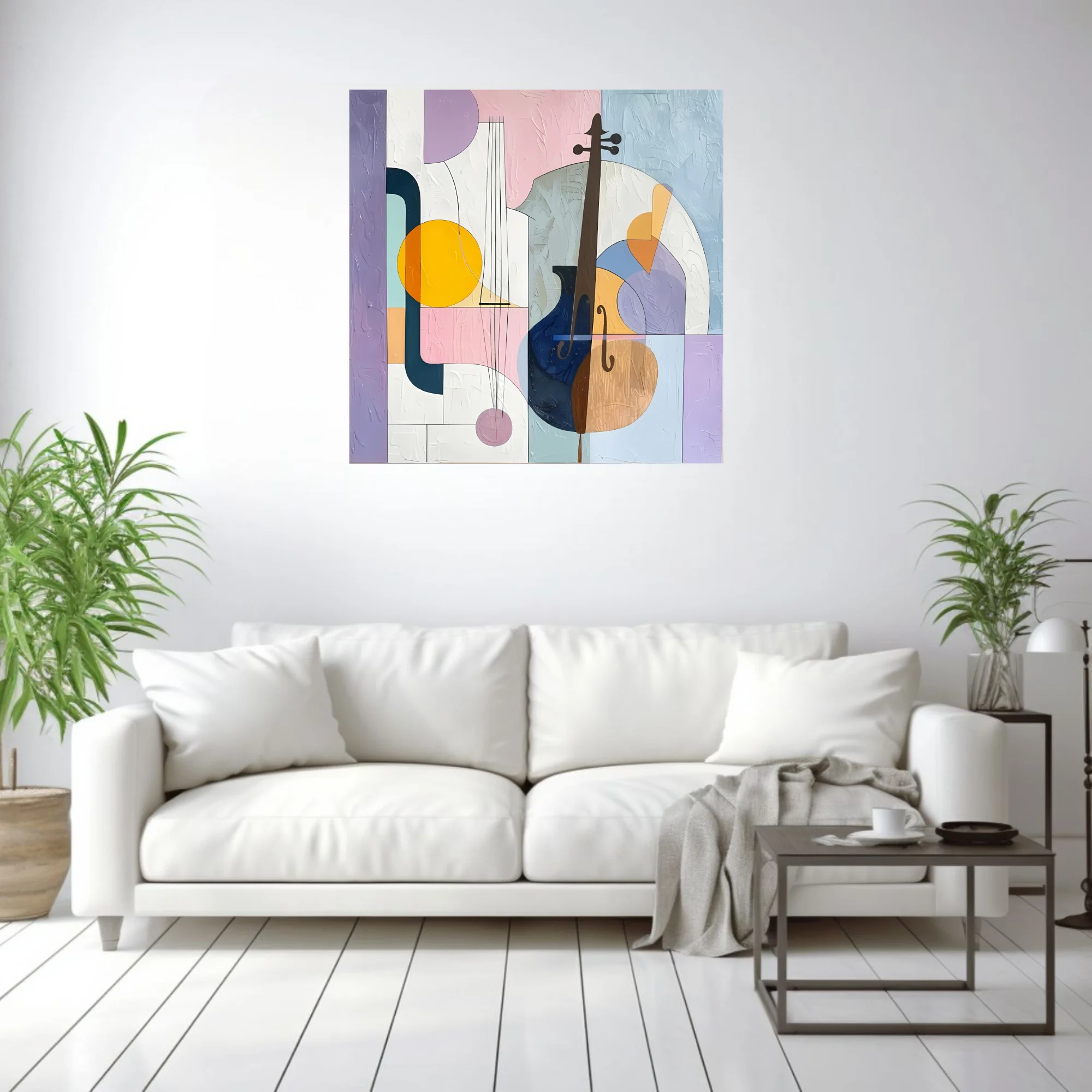 Abstract stringed instruments in pastel purple, pink, blue and gold tones