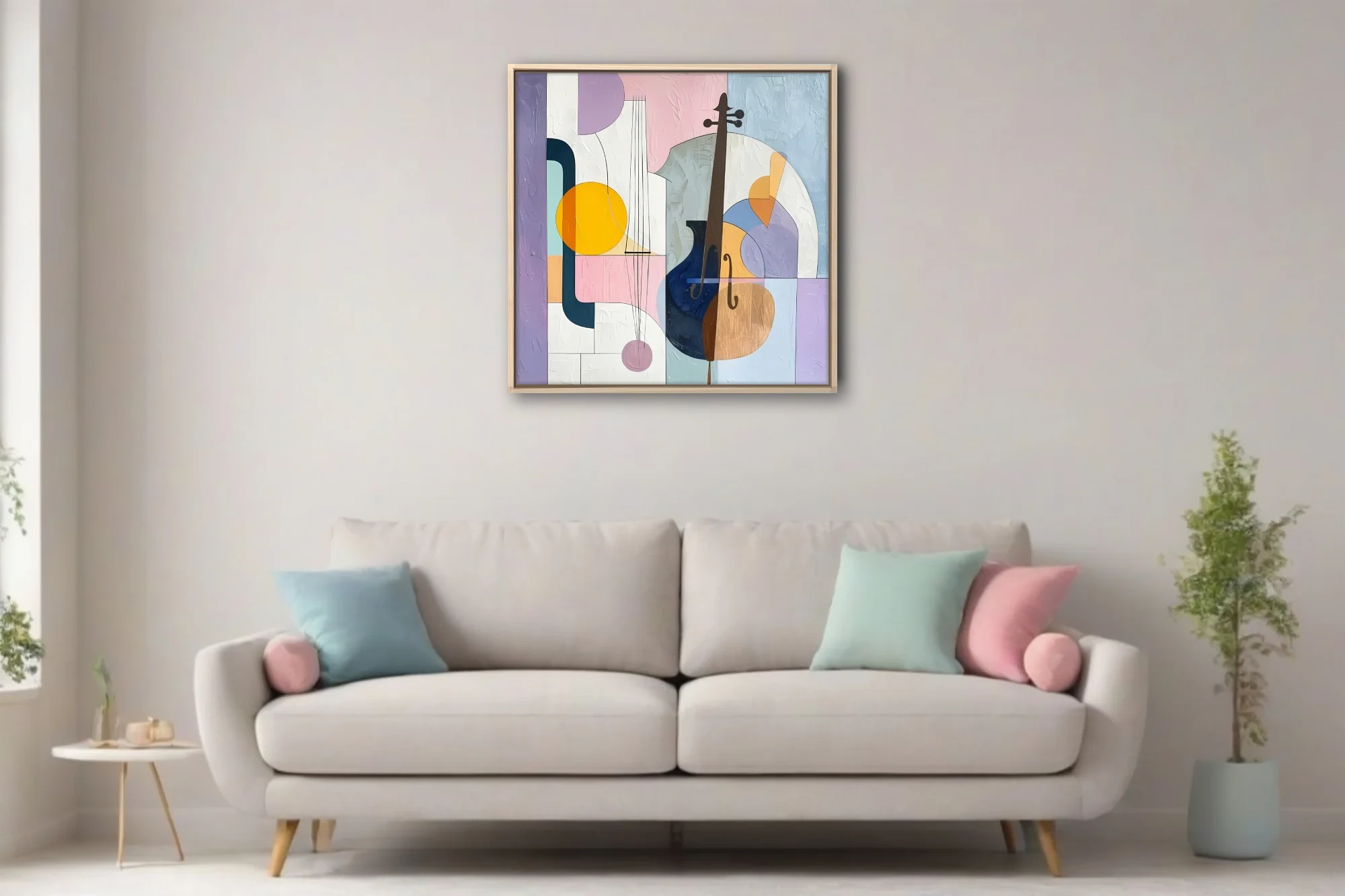 Abstract stringed instruments in pastel purple, pink, blue and gold tones