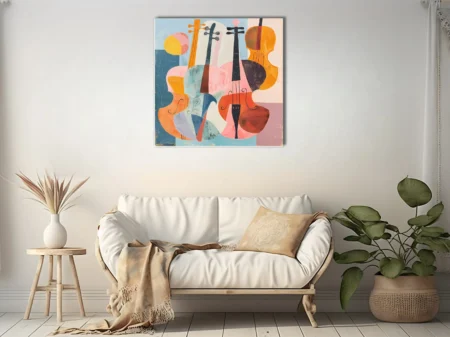 Mid-century modern abstract stringed instruments in tangerine, pink, and teal tones