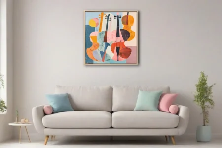 Mid-century modern abstract stringed instruments in tangerine, pink, and teal tones