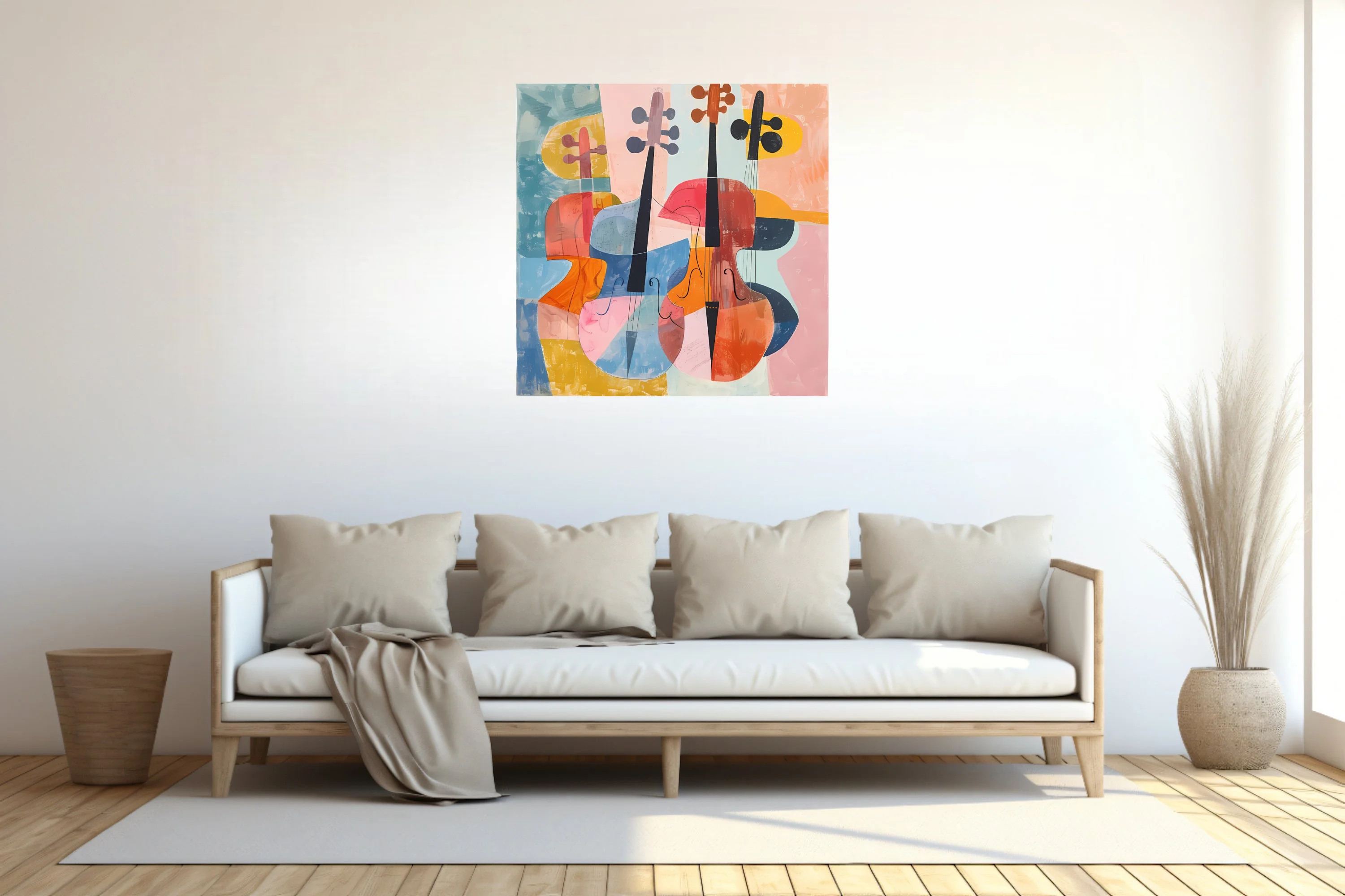 Mid-century modern abstract string instruments in coral, blue, and orange tones