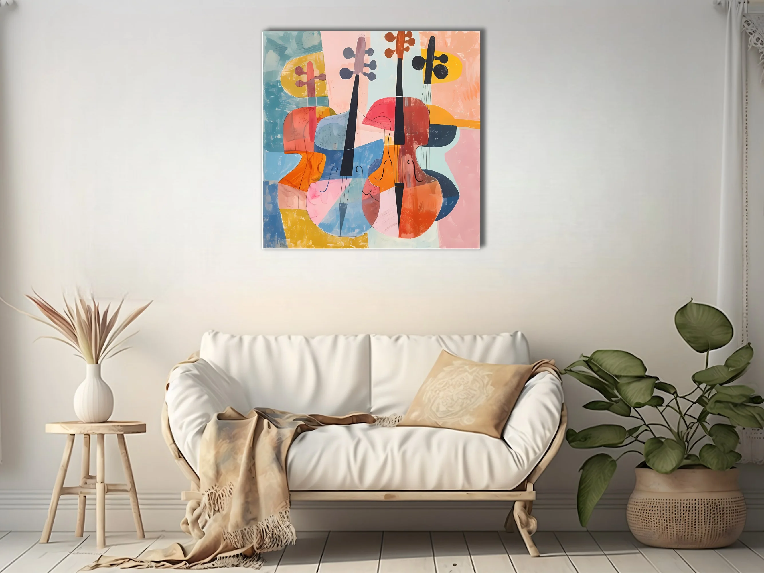 Mid-century modern abstract string instruments in coral, blue, and orange tones