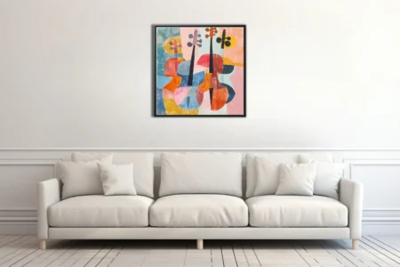 Mid-century modern abstract string instruments in coral, blue, and orange tones