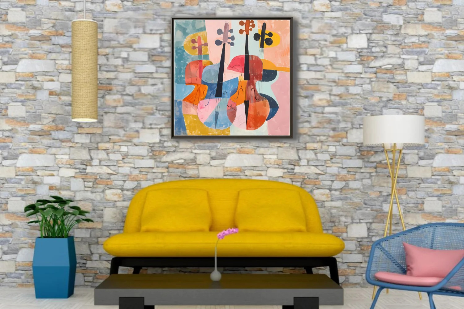 Mid-century modern abstract string instruments in coral, blue, and orange tones