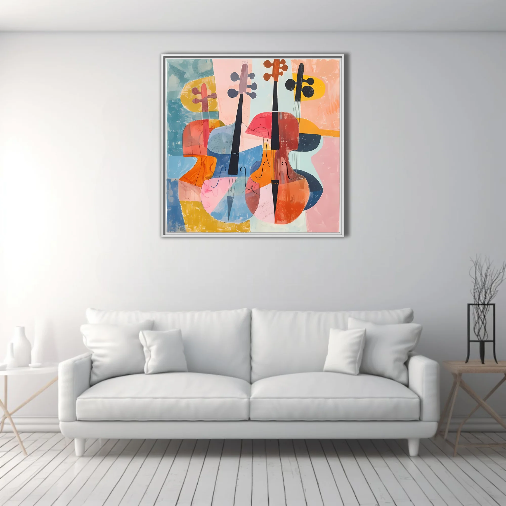 Mid-century modern abstract string instruments in coral, blue, and orange tones