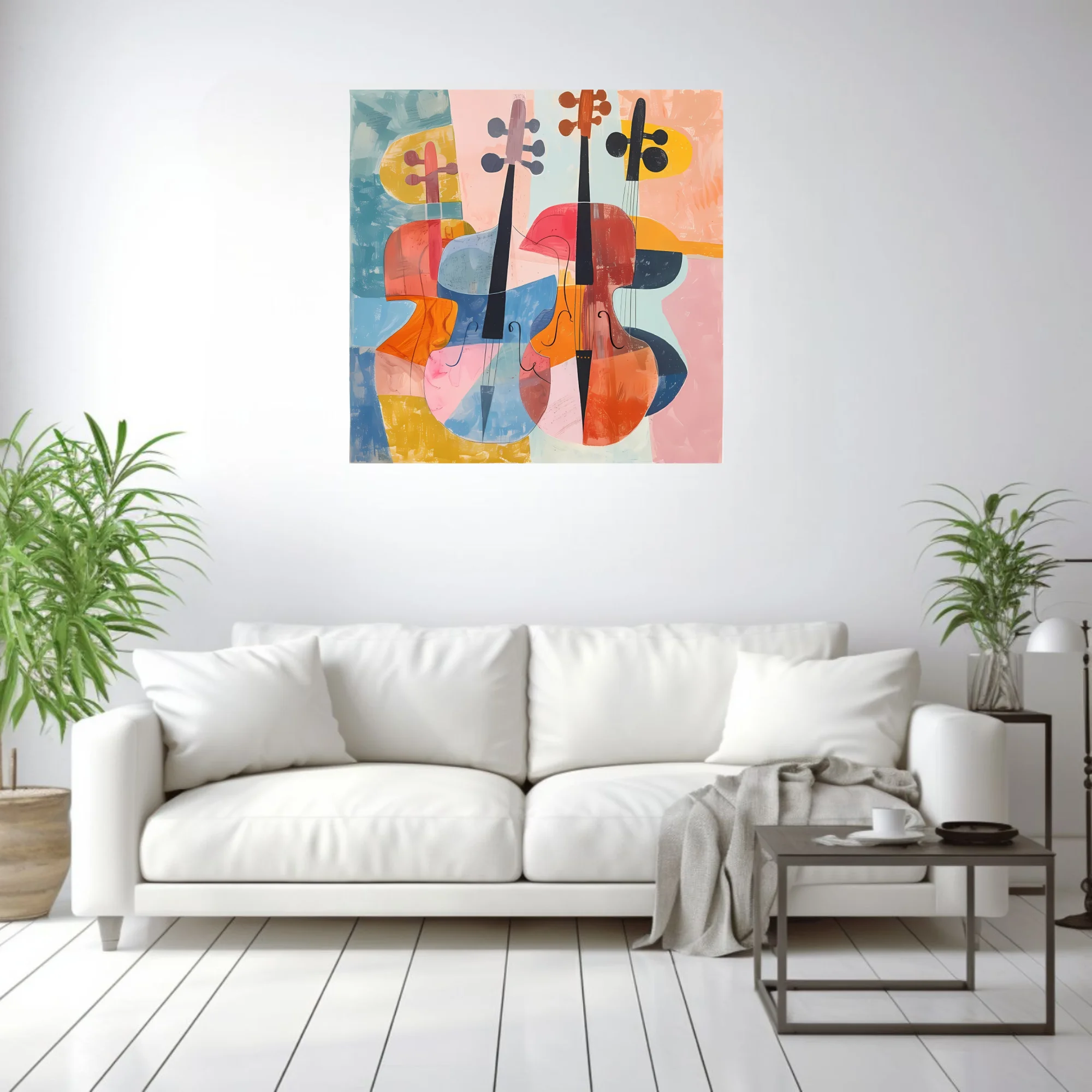 Mid-century modern abstract string instruments in coral, blue, and orange tones