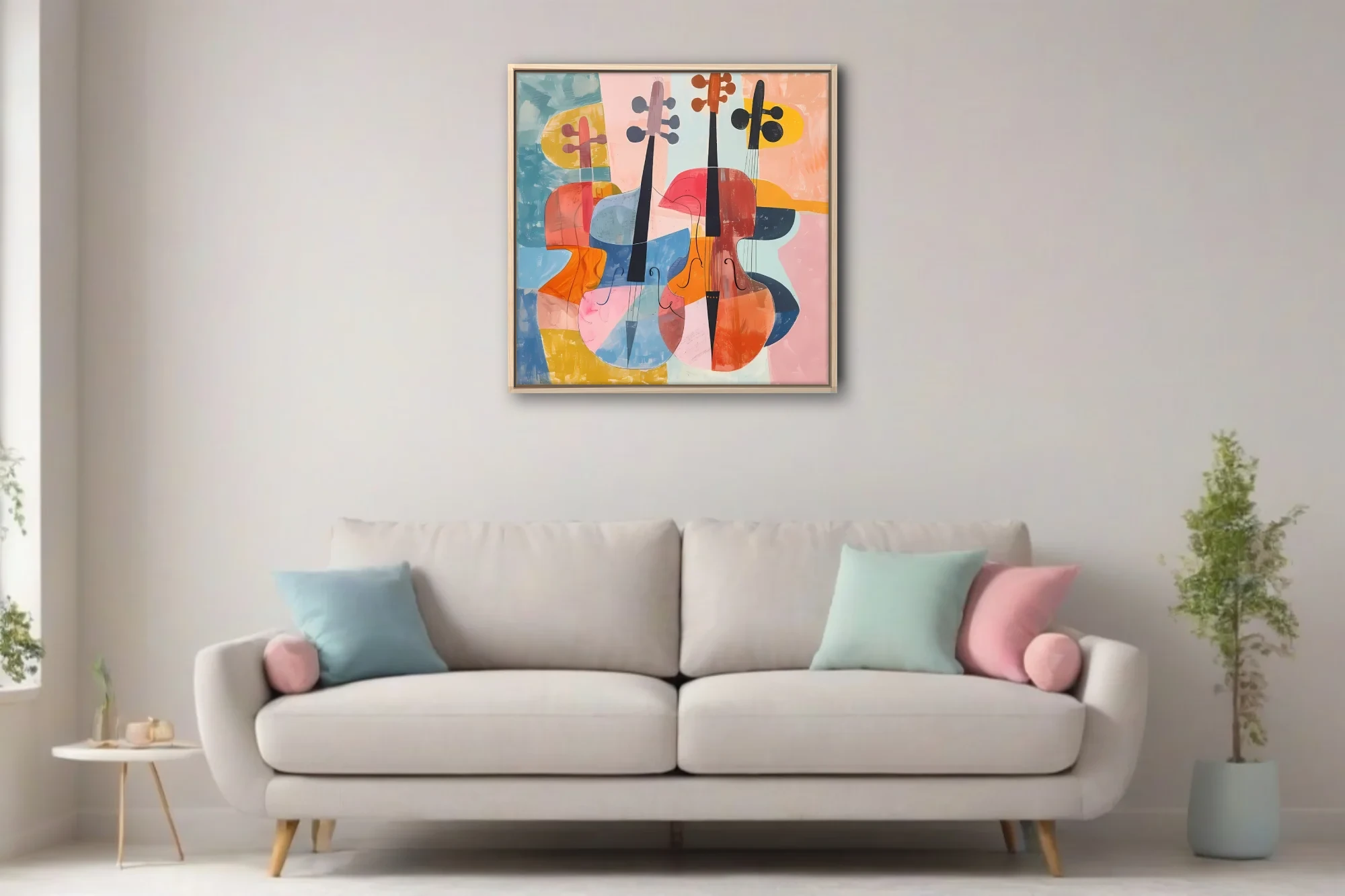Mid-century modern abstract string instruments in coral, blue, and orange tones