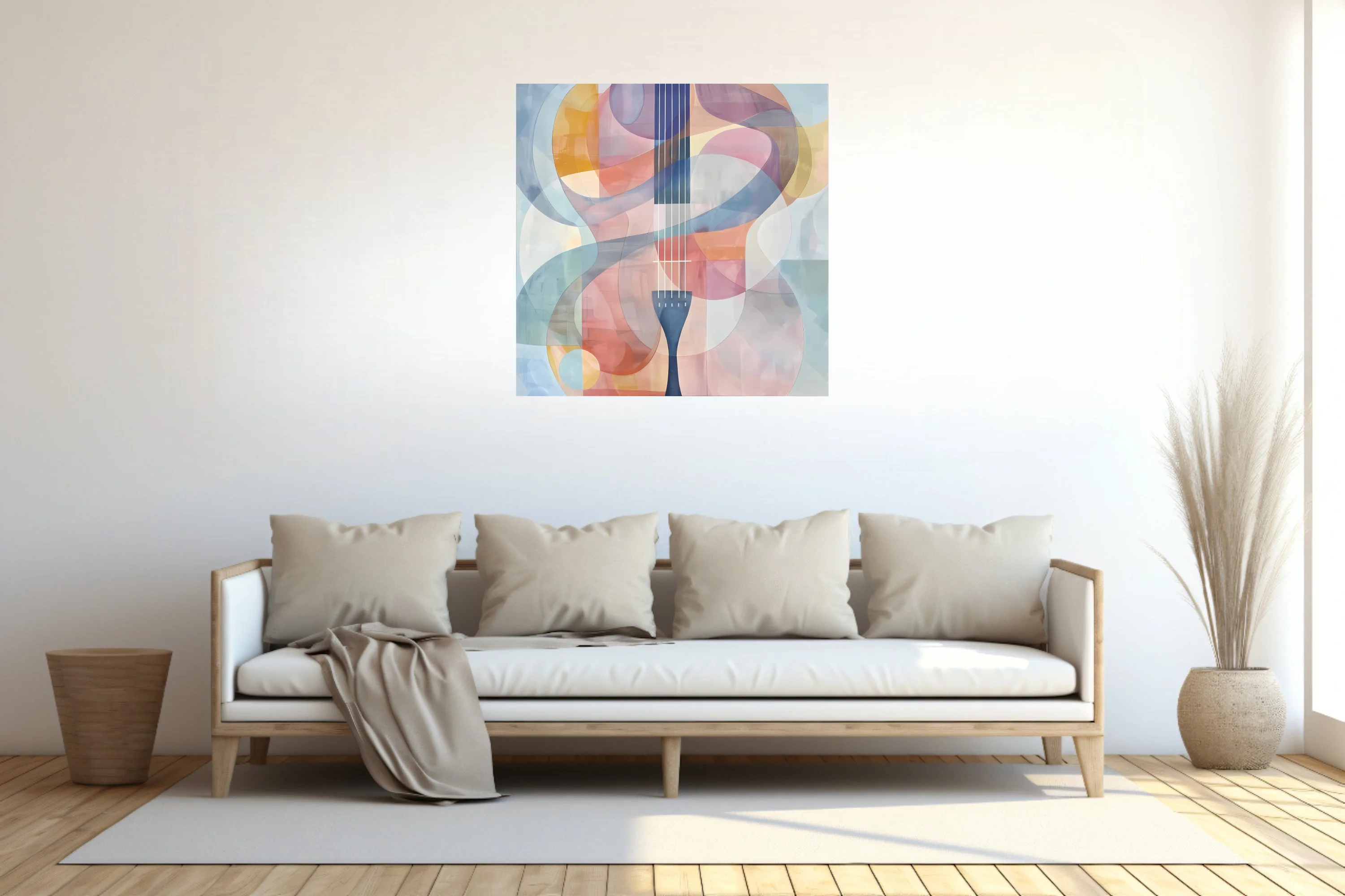 Abstract stringed instrument art in pastel pink, blue, and mauve watercolor-style tones