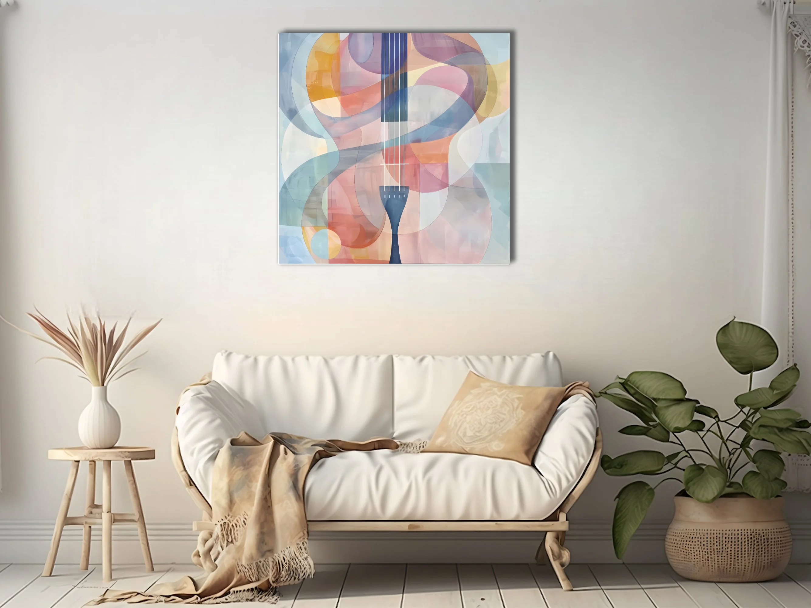 Abstract stringed instrument art in pastel pink, blue, and mauve watercolor-style tones